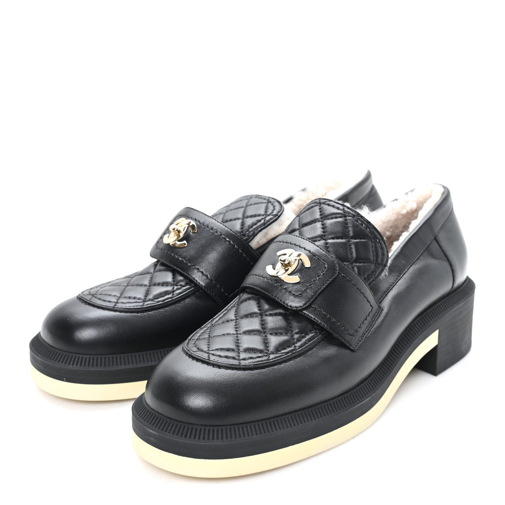 Lambskin Shearling Quilted CC Turnlock Loafers 39 Black