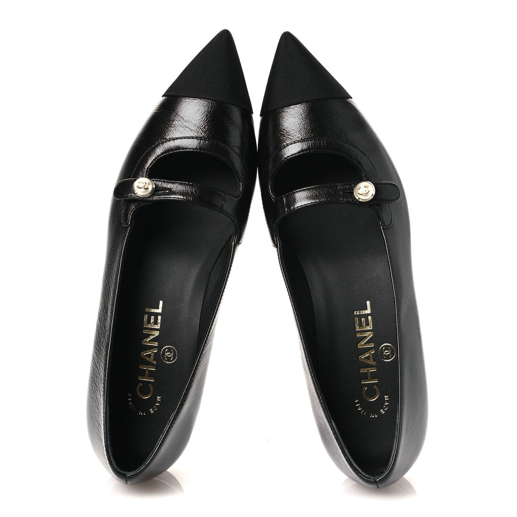 Shiny Lambskin Grosgrain Pearl Mary Jane Flats 37 Black