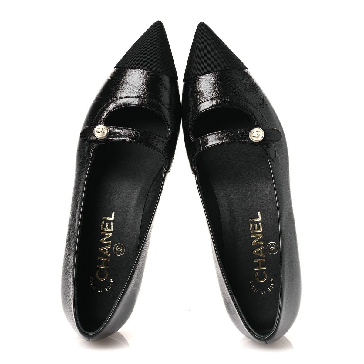 Shiny Lambskin Grosgrain Pearl Mary Jane Flats 37 Black