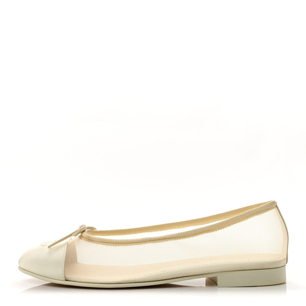 Mesh Grosgrain Cap Toe Ballerina Flats 38 Ivory