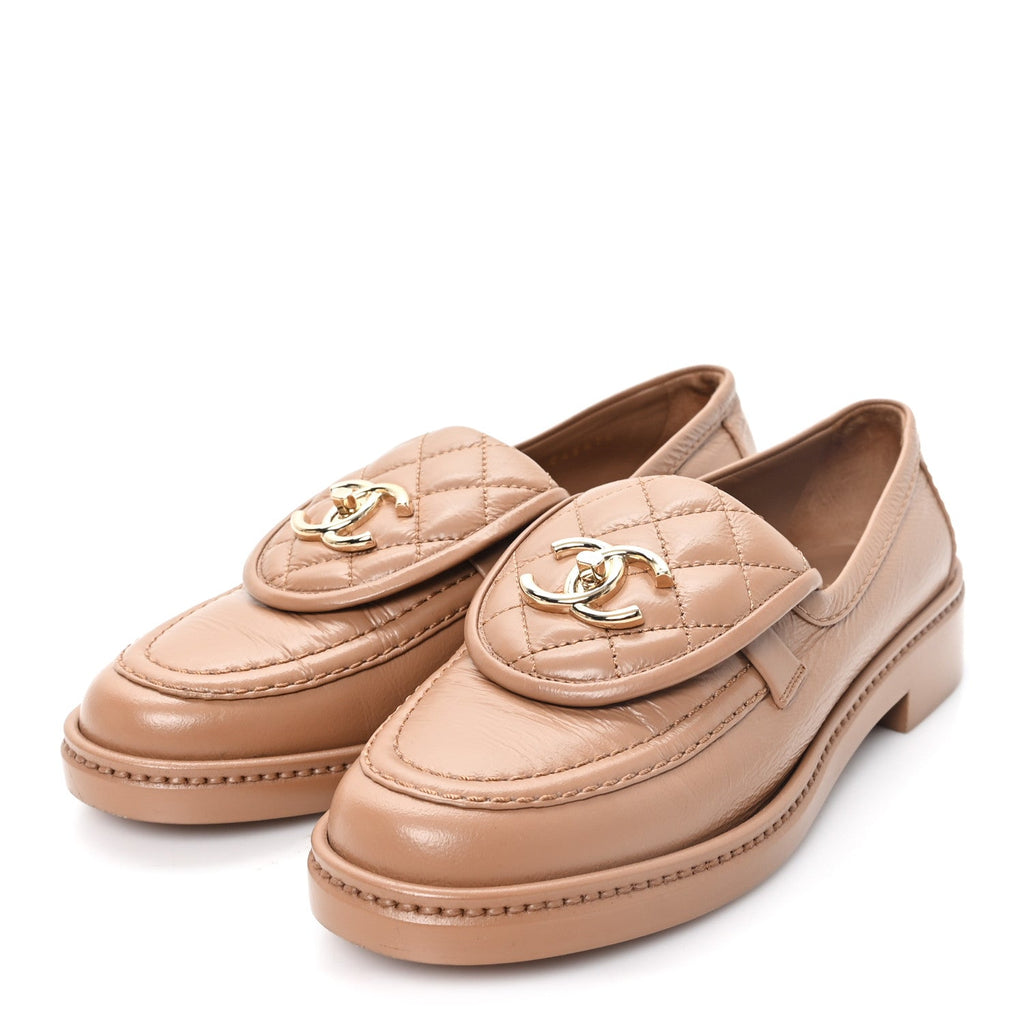 Crumpled Lambskin Quilted CC Turnlock Moccasins 35.5 Dark Beige