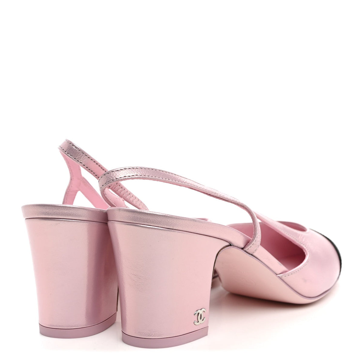 Laminated Lambskin Patent Cap Toe CC Slingback Pumps 39.5 Light Pink Black