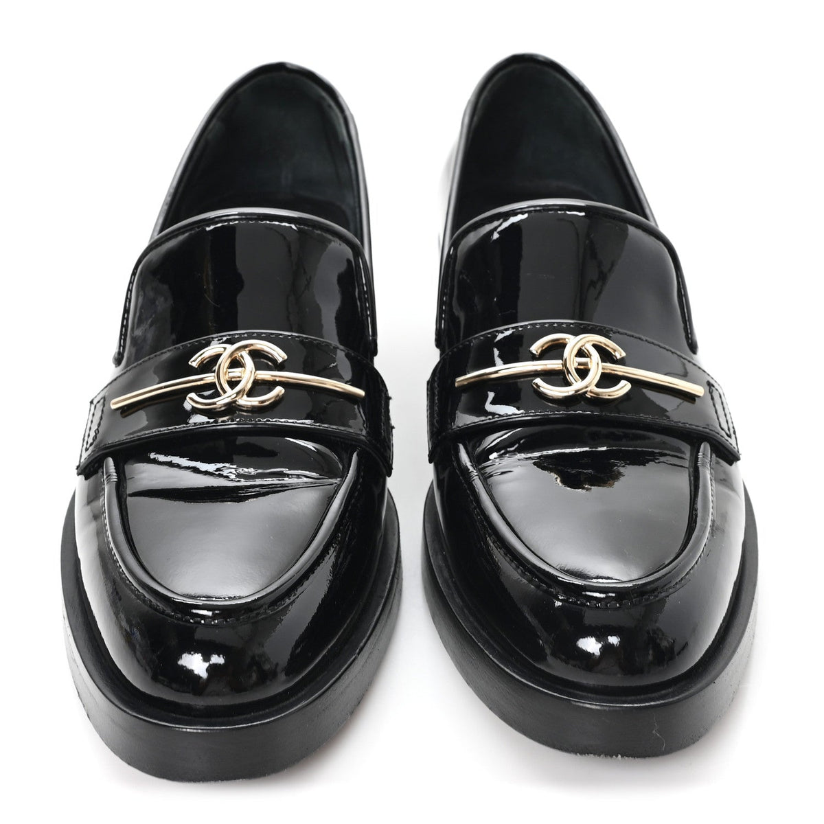 Patent Calfskin Metal CC Mocassin Loafers 38.5 Black