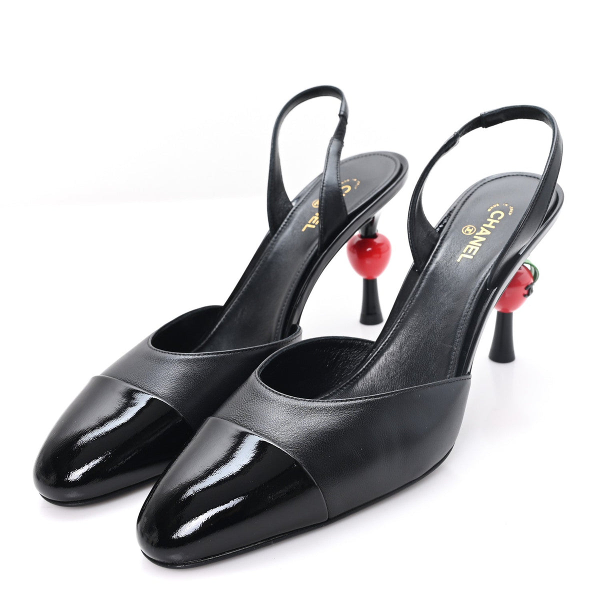 Lambskin Patent Cap Toe CC Apple Slingback Pumps 41 Black