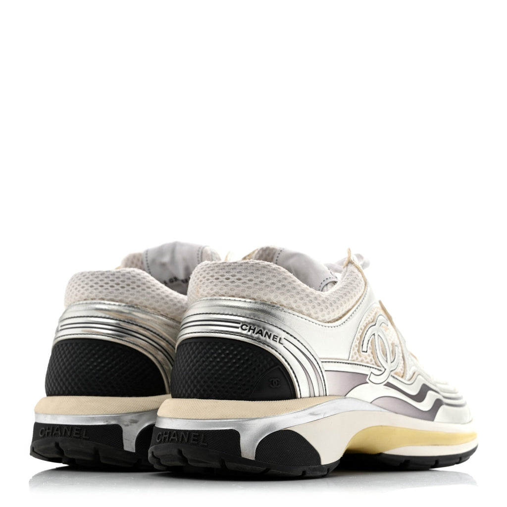 Fabric Laminated Calfskin Stretch CC Womens Sneakers 39.5 White Silver