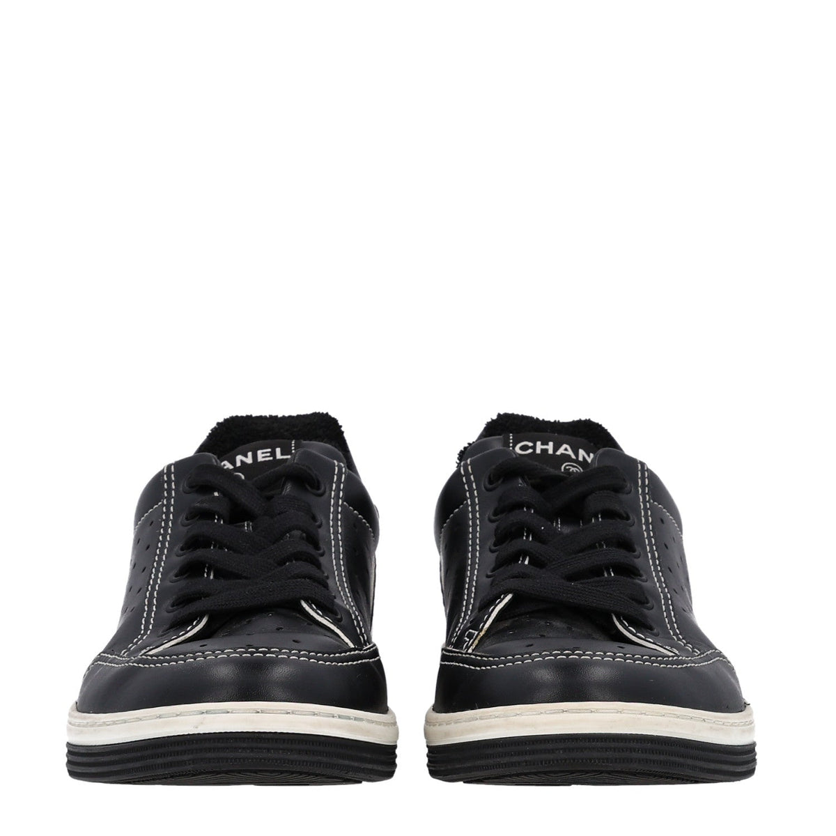 Calfskin Womens Logo Sneakers 38 Black White