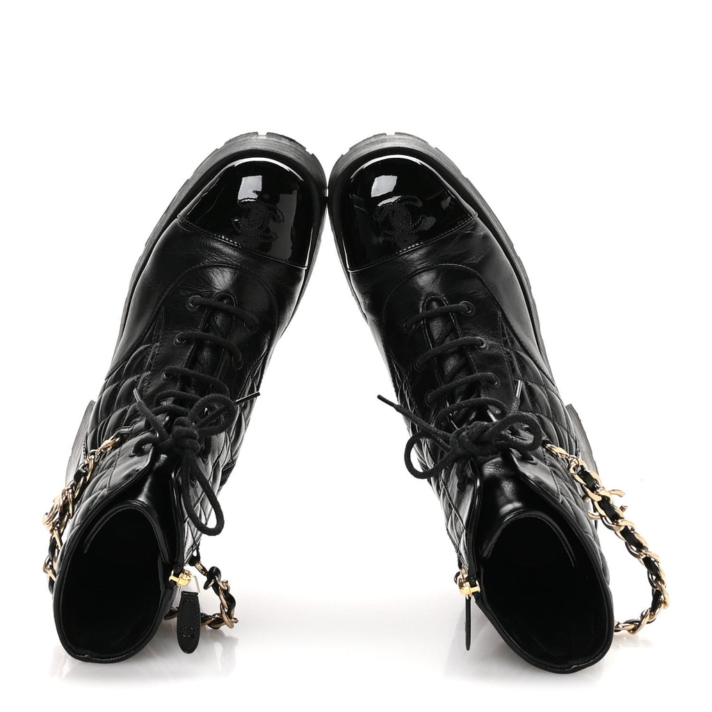 Shiny Calfskin Patent Quilted Chain Lace Up Combat Boots 40.5 Black