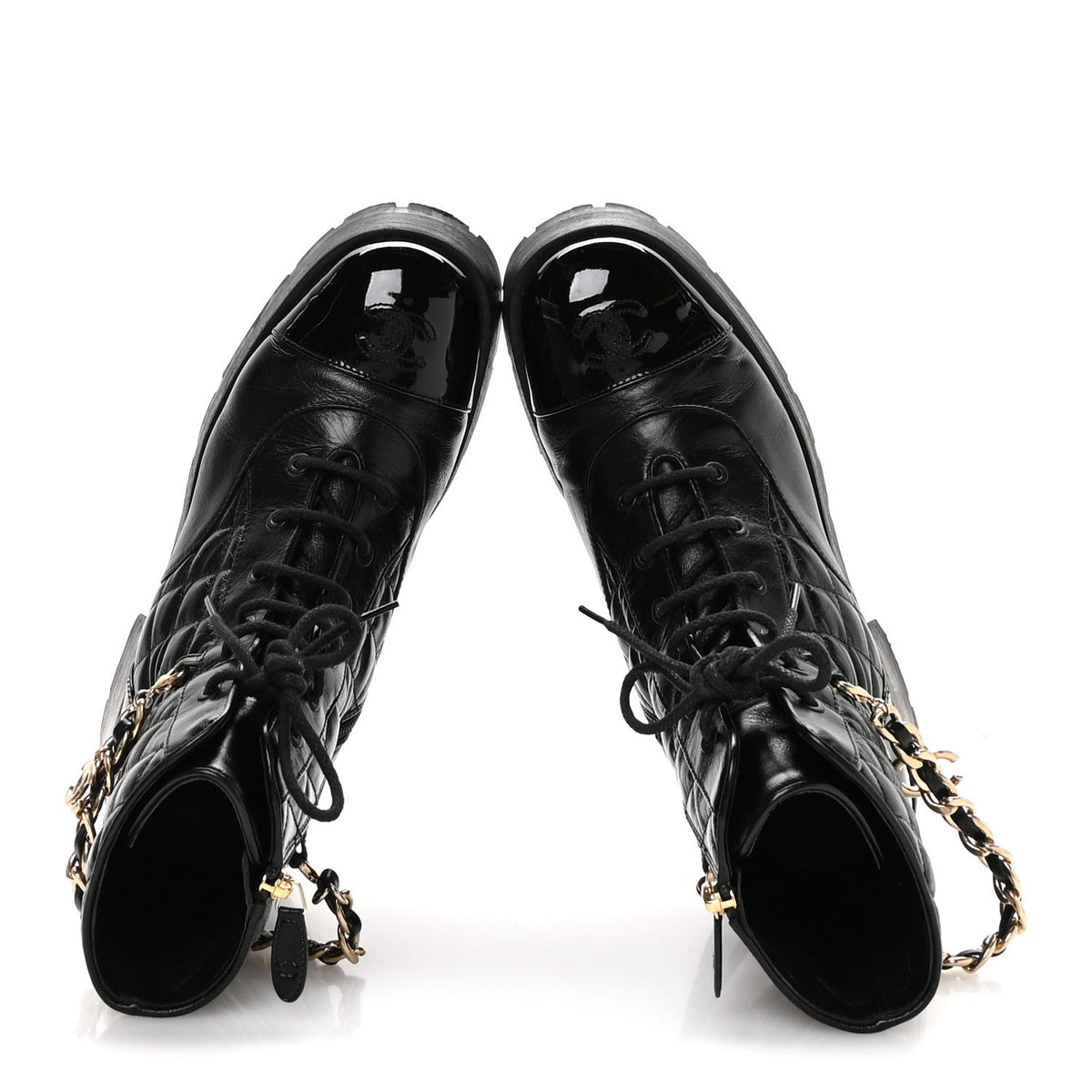 Shiny Calfskin Patent Quilted Chain Lace Up Combat Boots 40.5 Black