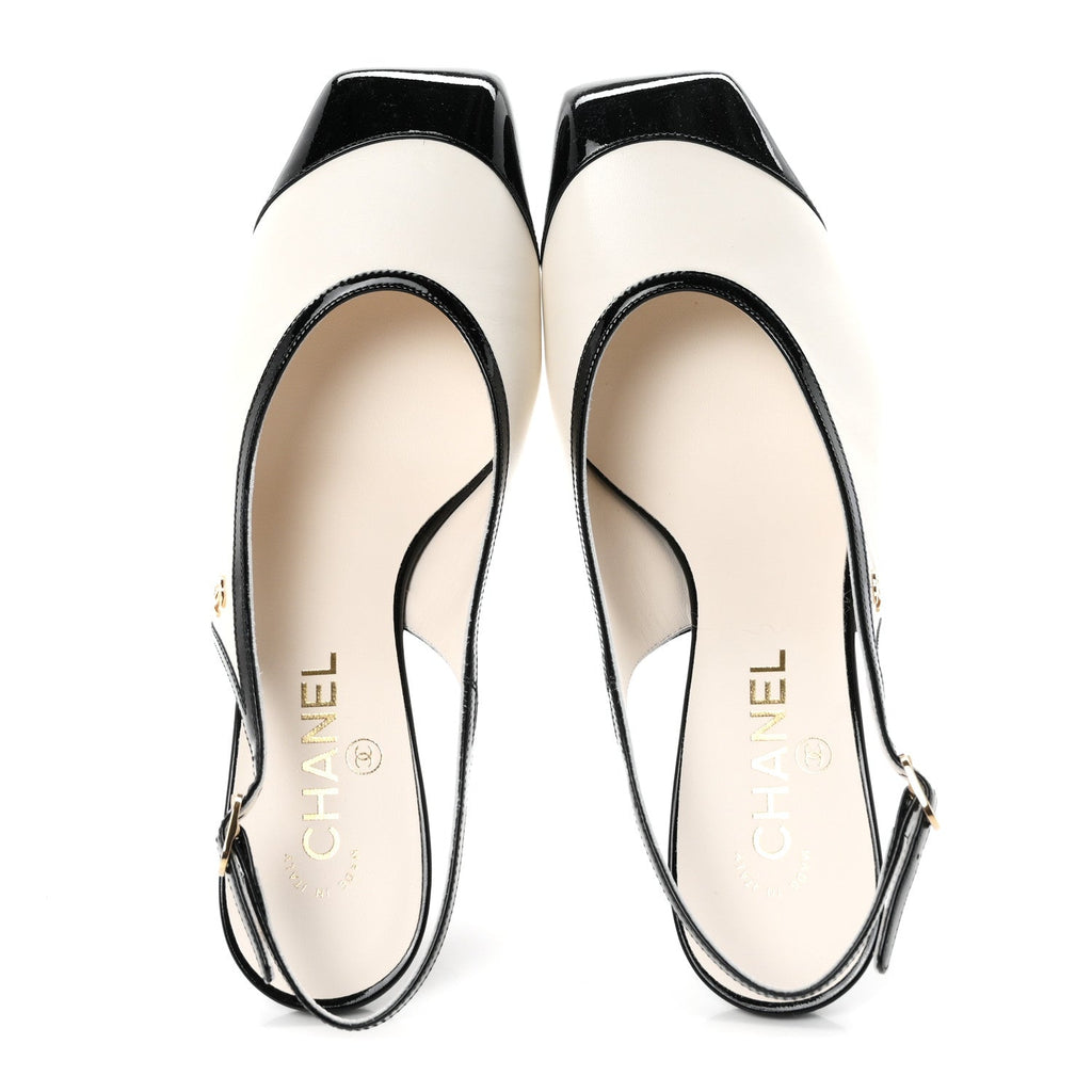 Lambskin Patent Calfskin Cap Toe CC Slingback Pumps 40 White Black