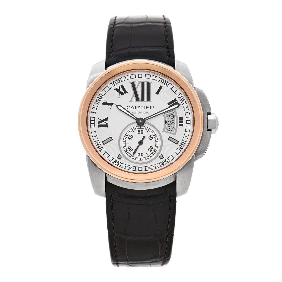 Stainless Steel 18K Pink Gold Alligator 42mm Calibre de Cartier Automatic Watch Brown