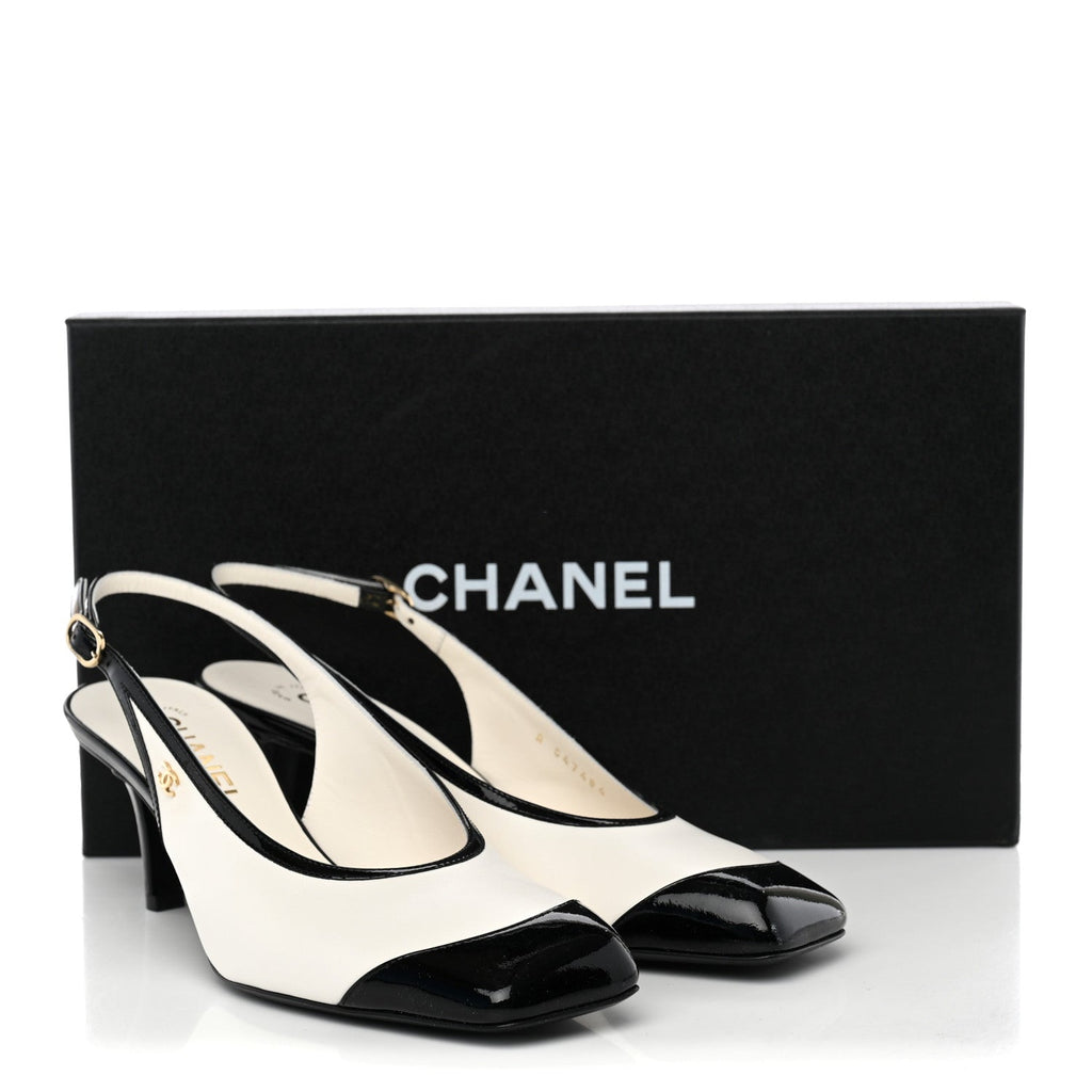 Lambskin Patent Calfskin Cap Toe CC Slingback Pumps 38 White Black