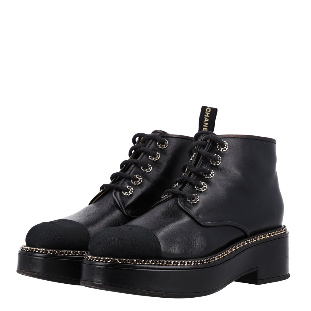 Calfskin Grosgrain Chain Lace Up CC Short Boots 41 Black