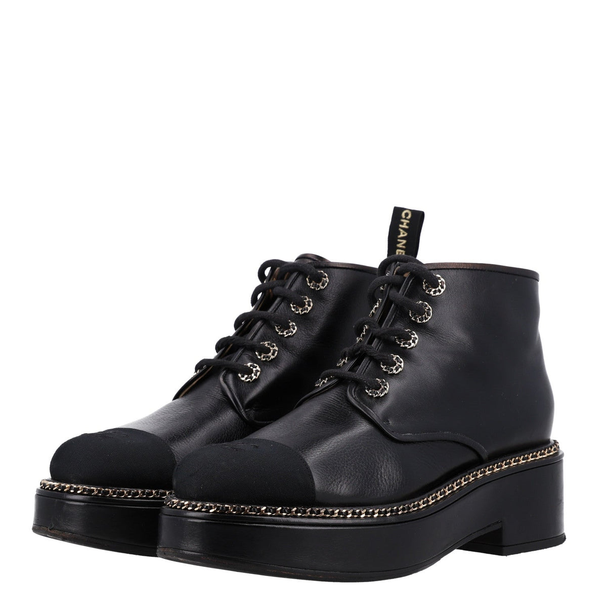 Calfskin Grosgrain Chain Lace Up CC Short Boots 41 Black
