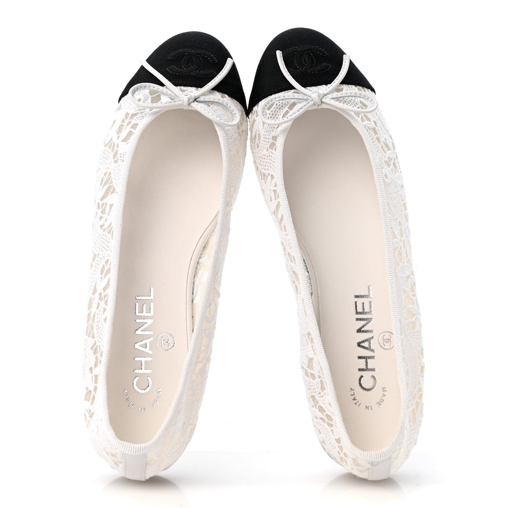 Cotton Mixed Fibers Grosgrain Cap Toe CC Ballerina Flats 37.5 White Black
