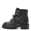 Shiny Goatskin Calfskin Quilted Lace Up Combat Boots 35.5 Black