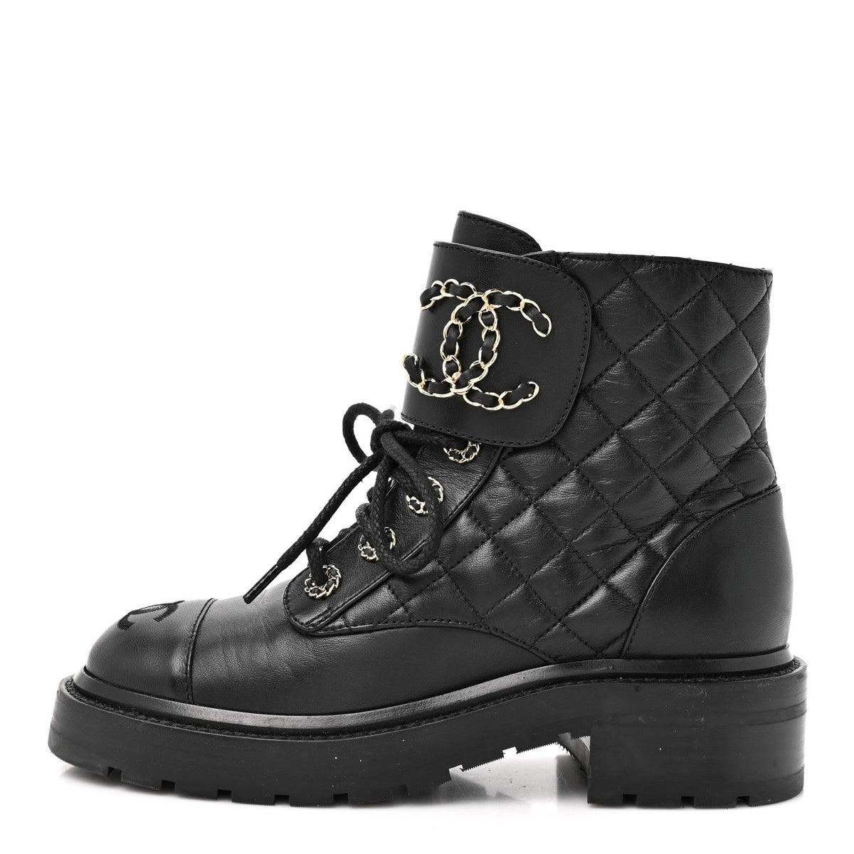 Shiny Goatskin Calfskin Quilted Lace Up Combat Boots 35.5 Black