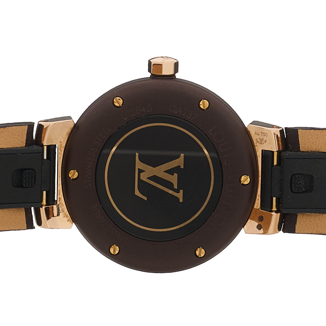 Stainless Steel 18K Rose Gold Monogram 28mm Tambour Quartz Watch Brown