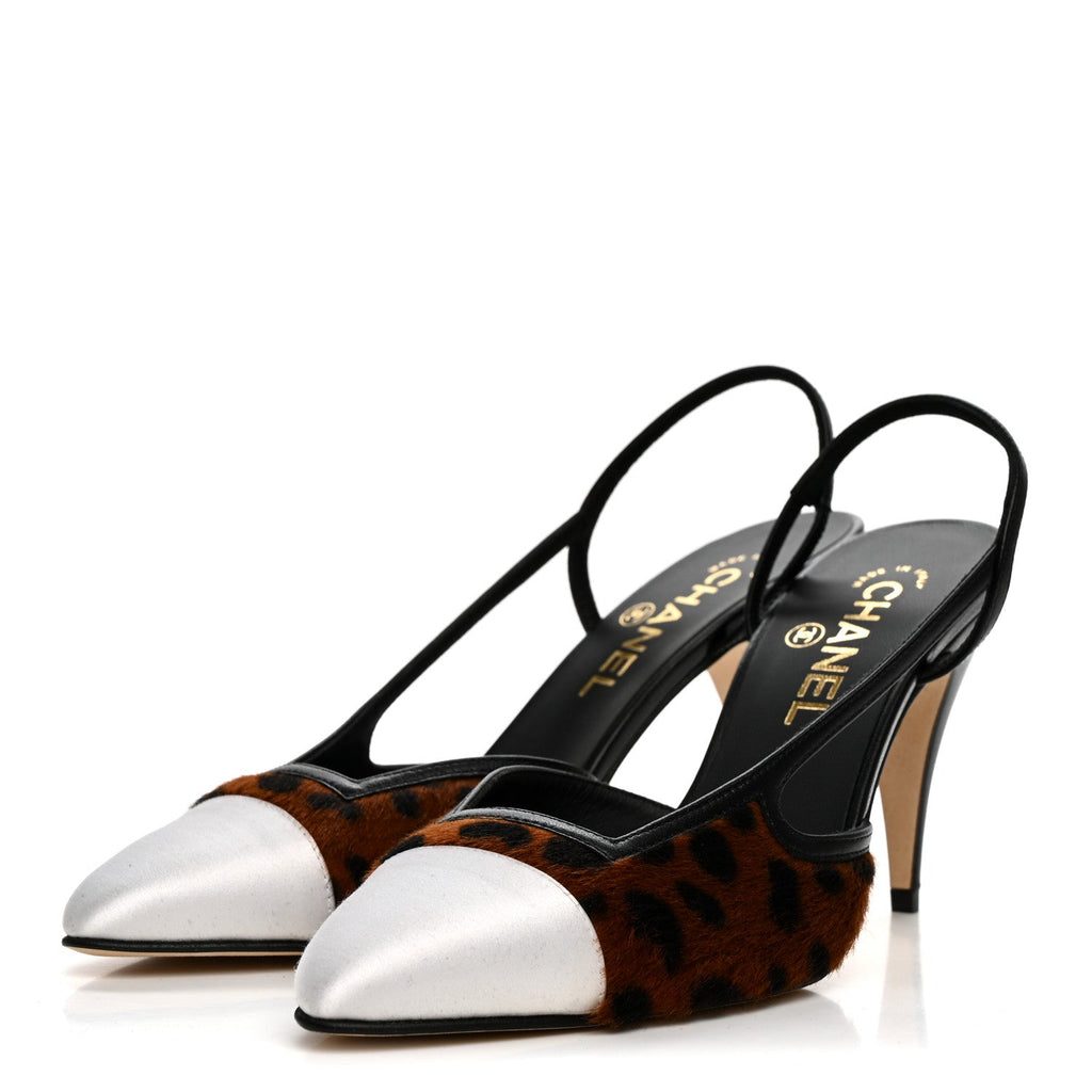 Lambskin Mixed Fibers Cap Toe CC Slingback Pumps 38.5 Brown Black White