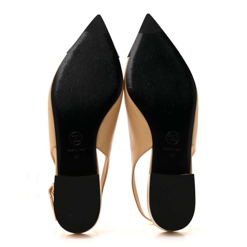 Goatskin Grosgrain Pointed Toe CC Slingback Flats 37 Beige Black
