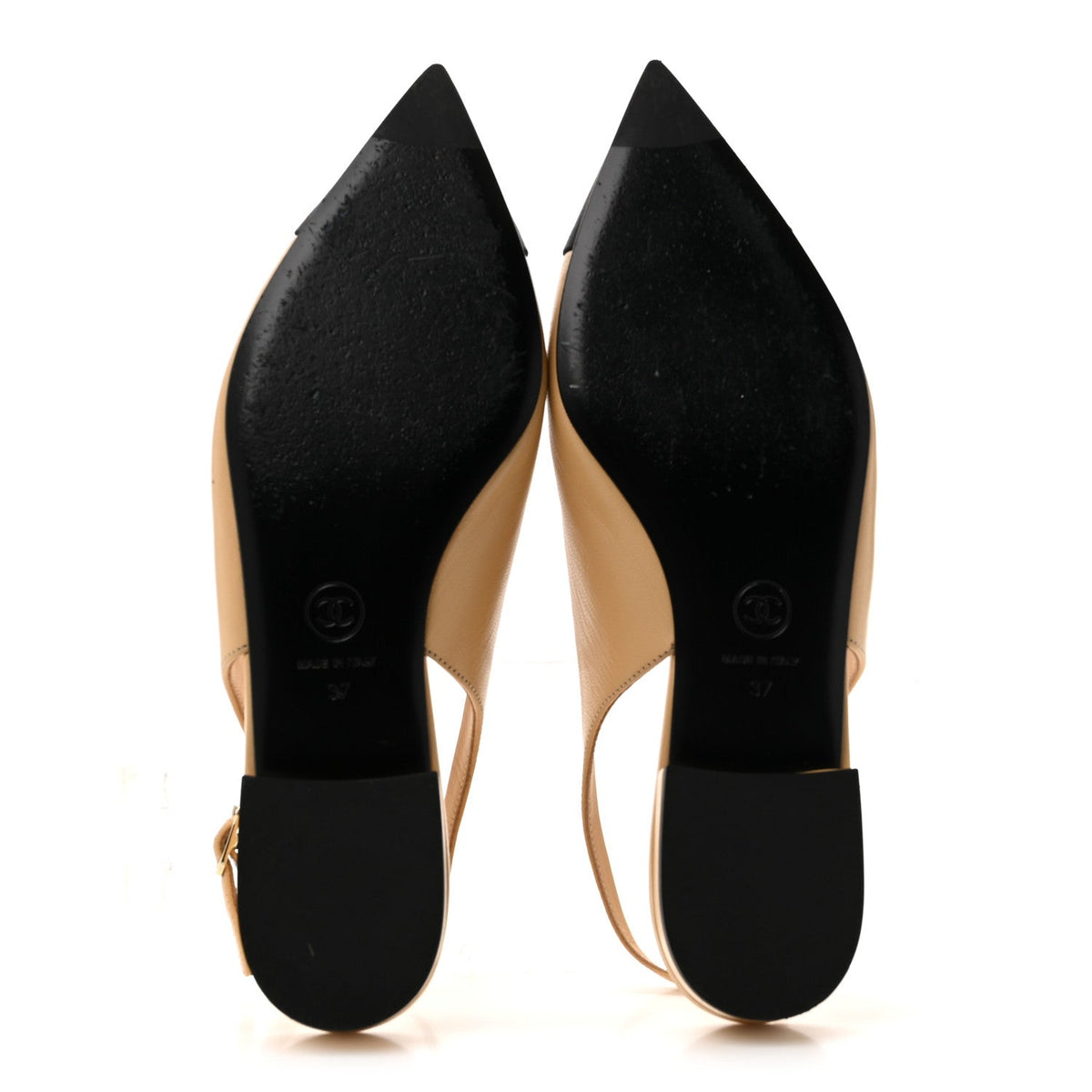 Goatskin Grosgrain Pointed Toe CC Slingback Flats 37 Beige Black