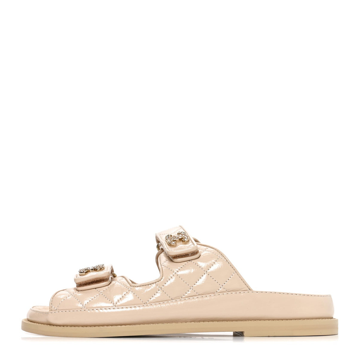 Shiny Calfskin Crystal Quilted Velcro Dad CC Slide Sandals 38.5 Light Beige