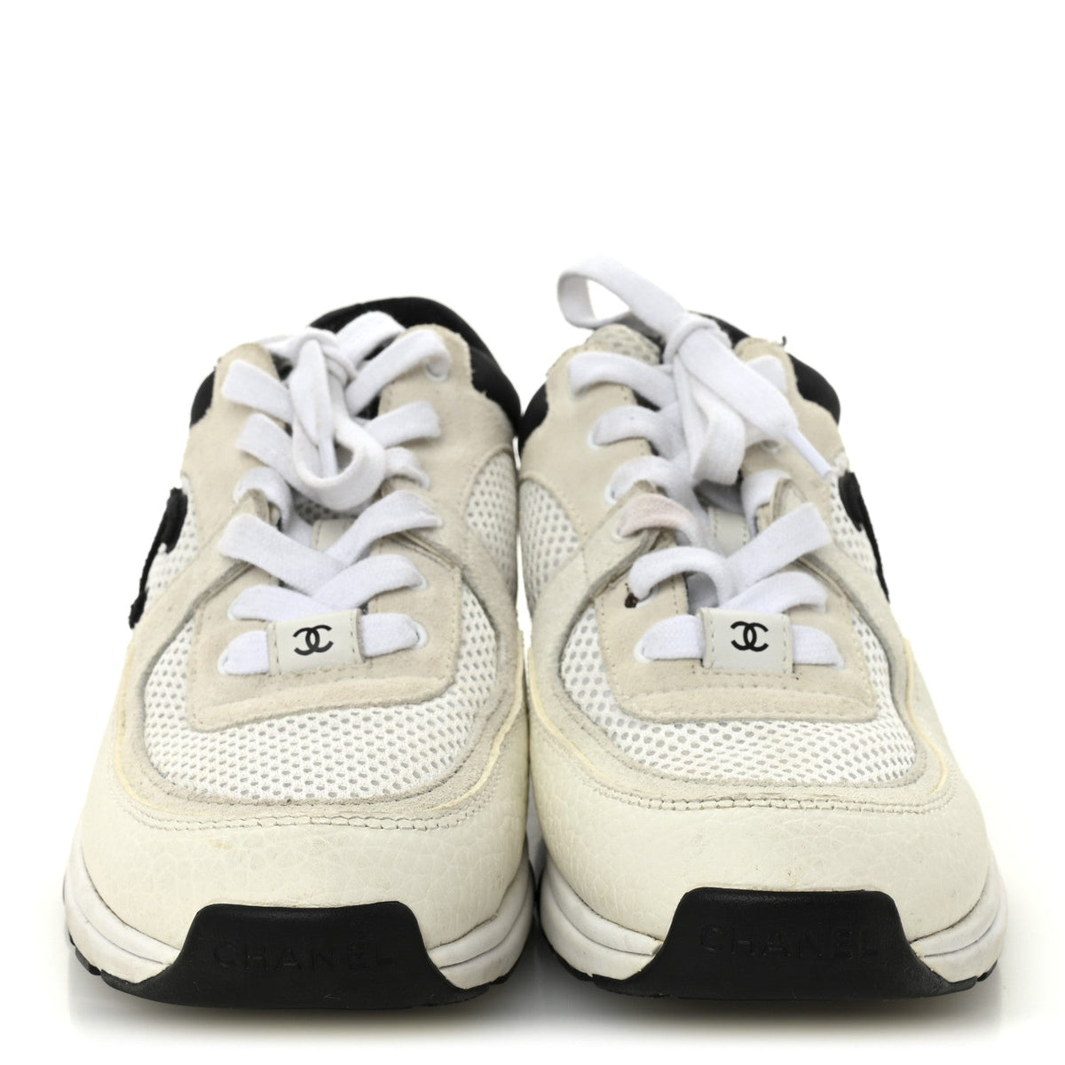 Mesh Suede Grained Calfskin Womens CC Sneakers 37 White Black