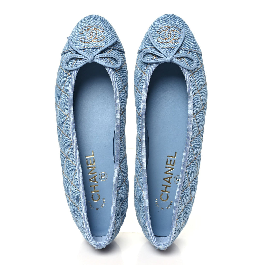 Washed Denim Quilted Cap Toe CC Ballerina Flats 37 Blue