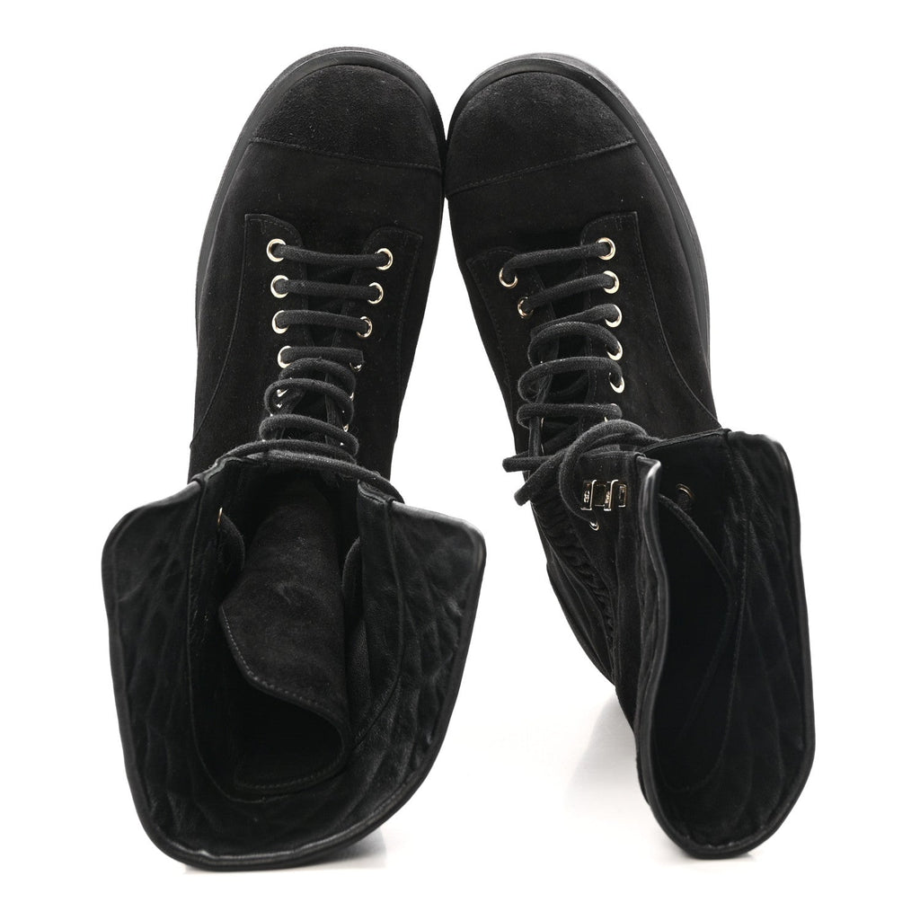 Suede Quilted Lace Up Combat Boots 38.5 Black
