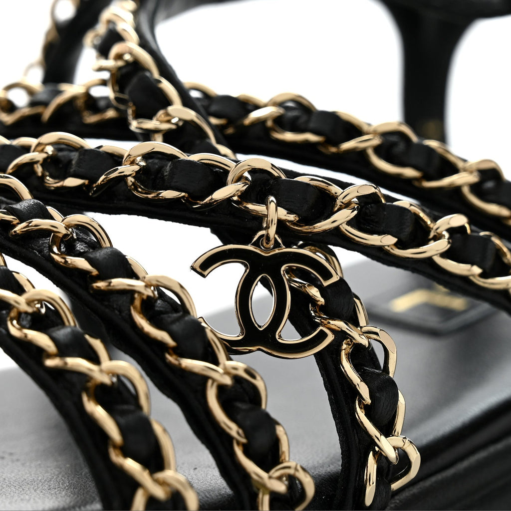 Lambskin Metal Chain Ankle Strap Sandals 36.5 Black