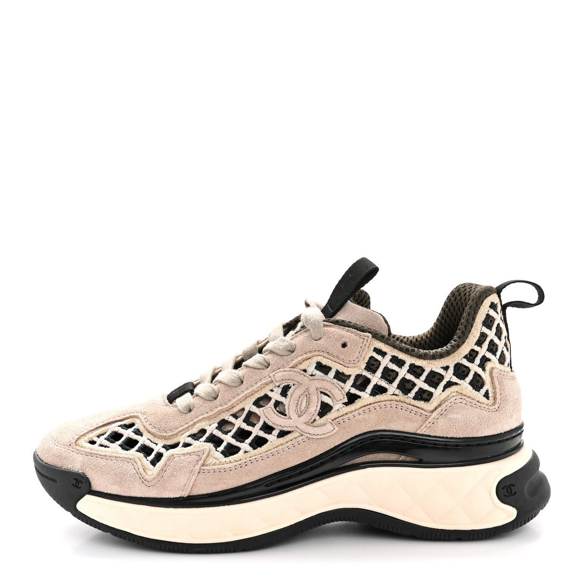 Suede Calfskin Embroidered CC Sneakers 35.5 Beige Black