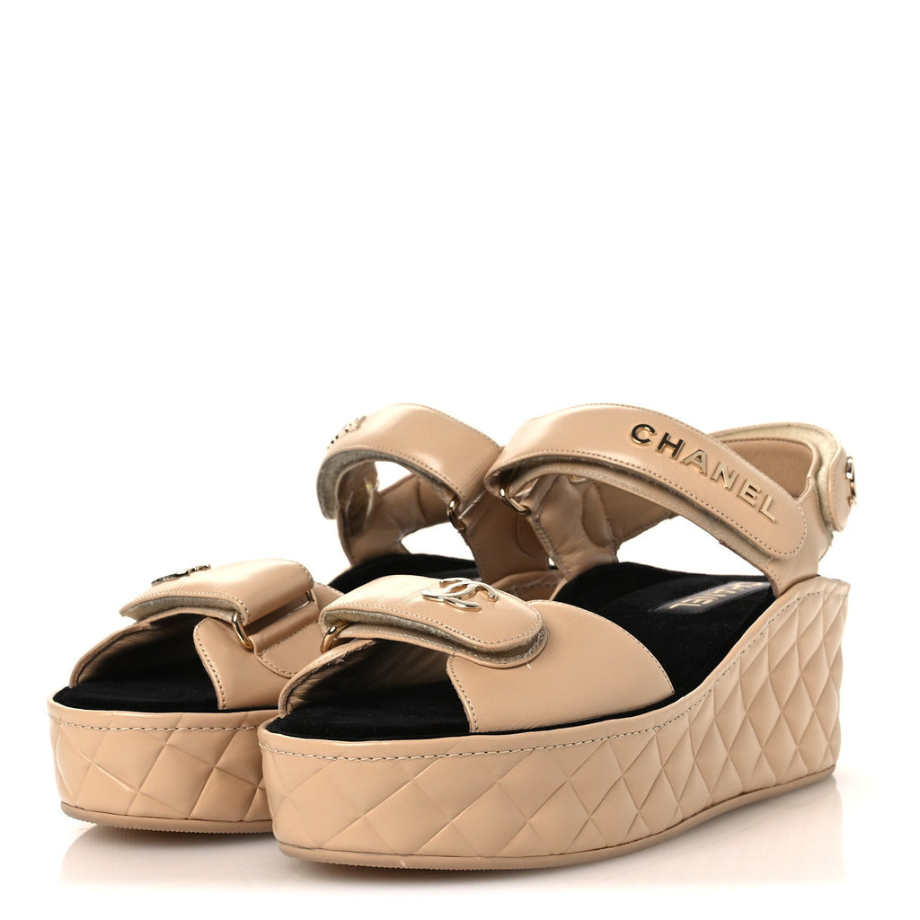 Shiny Calfskin Logo Platform Sandals 40 Beige