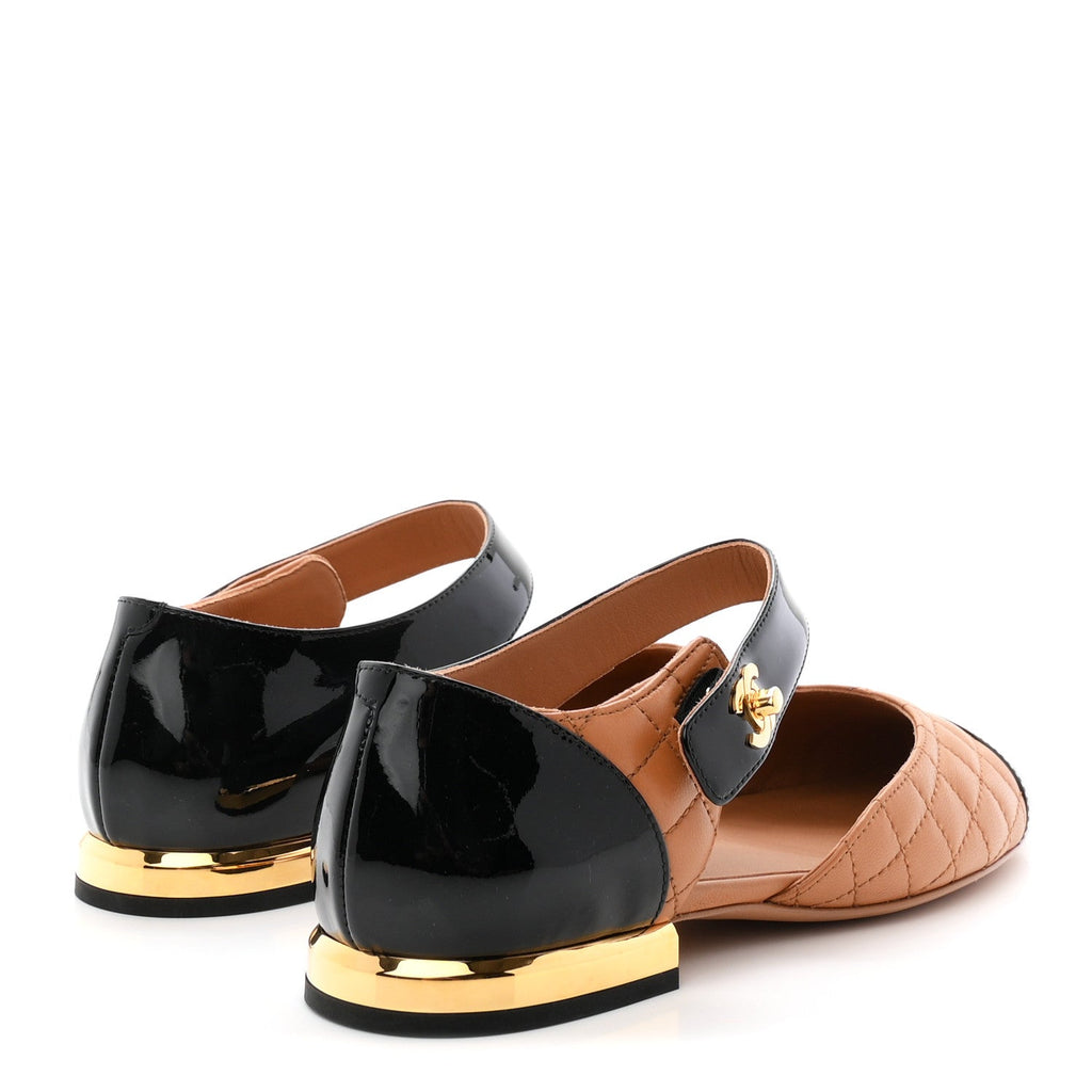 Patent Lambskin Quilted Cap Toe Ballerina Flats 36 Light Brown Black