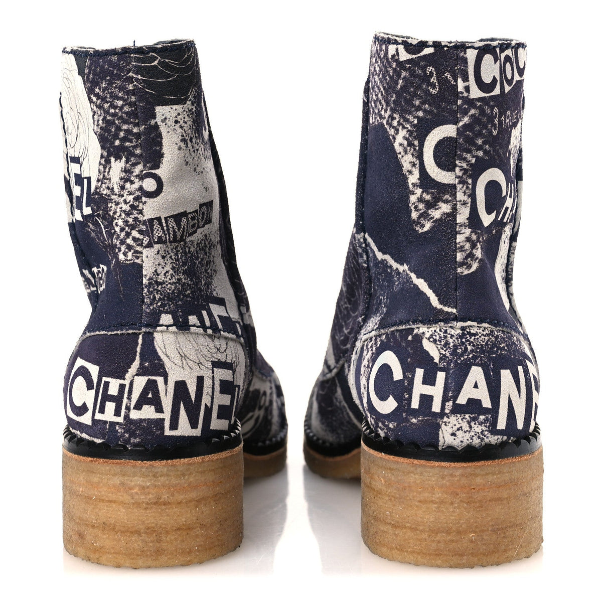 Suede Calfskin Printed CC 31 Rue Cambon Lace Up Combat Boots 39.5 White Navy