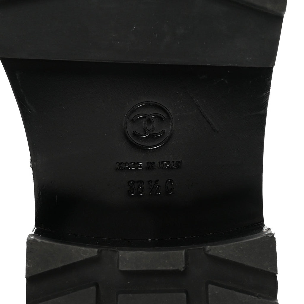 Shiny Calfskin Velvet Pearl Combat Short Boots 38.5 Black