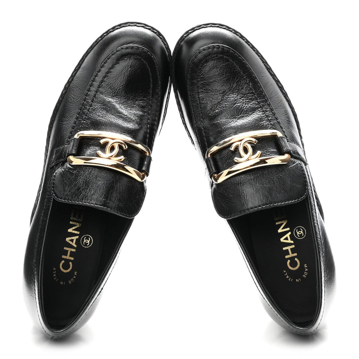 Shiny Calfskin Metal CC Loafers 37 Black