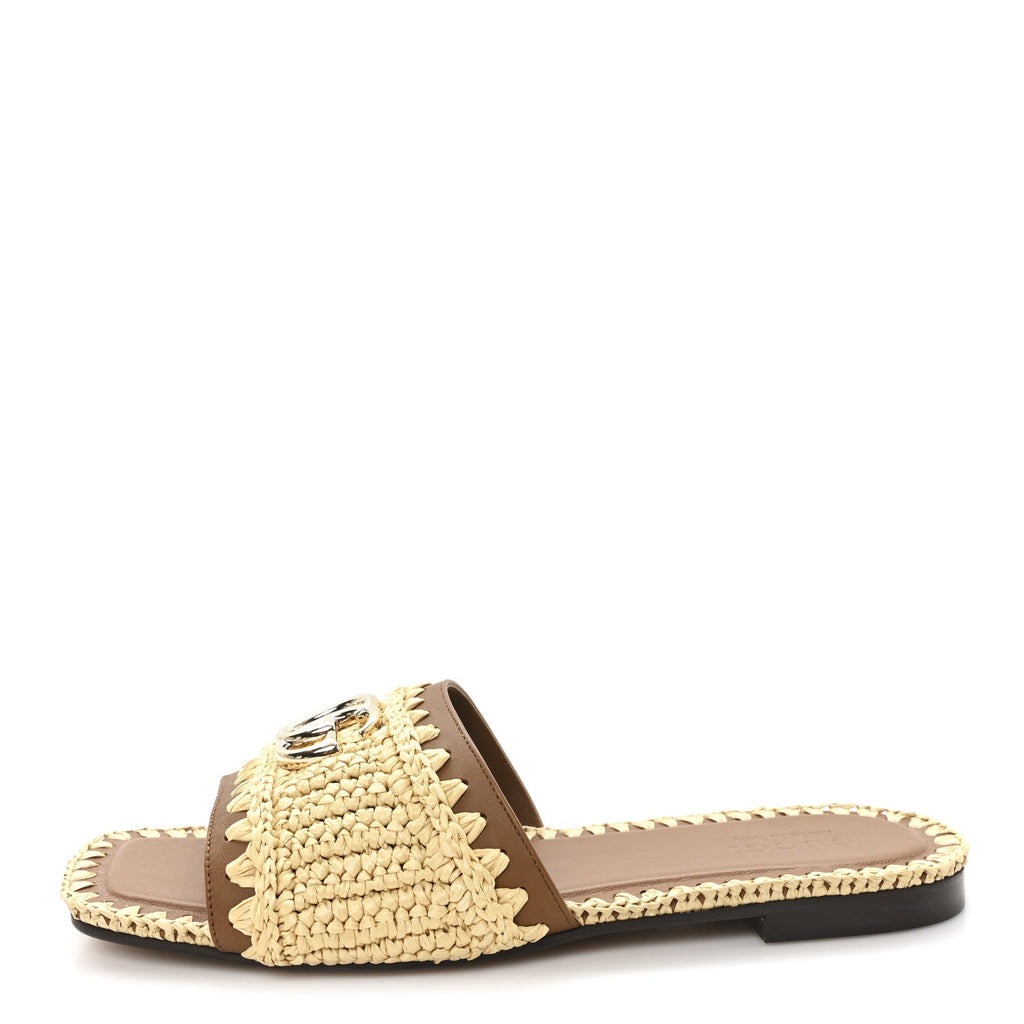 Raffia Interlocking G Flat Slide Sandals 37.5 Bright Natural Sundial