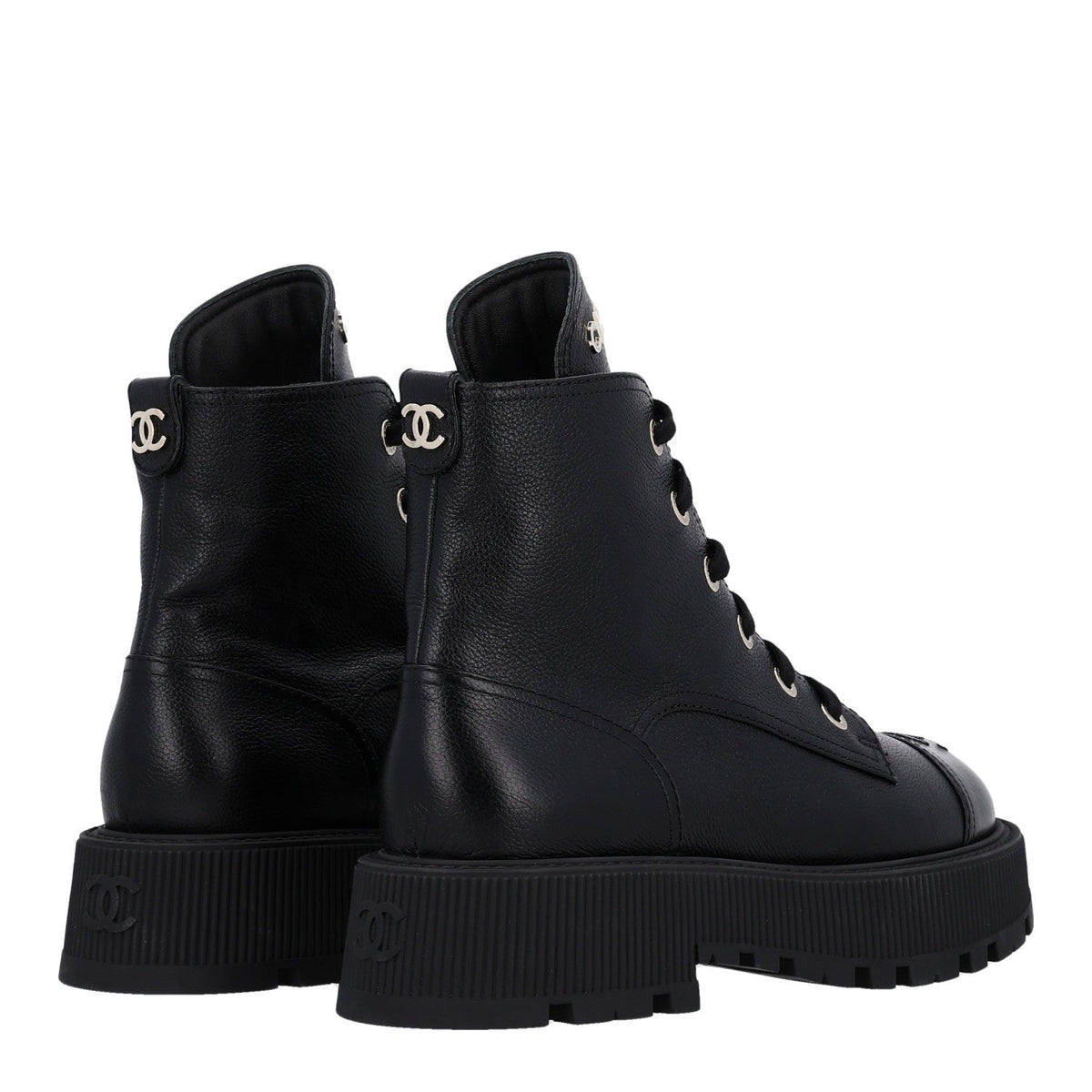 Grained Calfskin Shiny Calfskin CC Lace Up Combat Boots 40.5 Black
