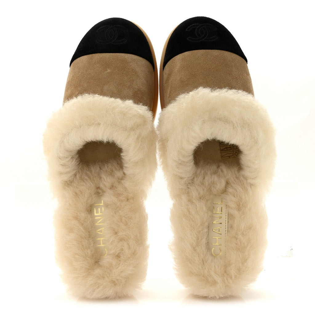 Suede Shearling CC Cap Toe Mules 40 Beige Black