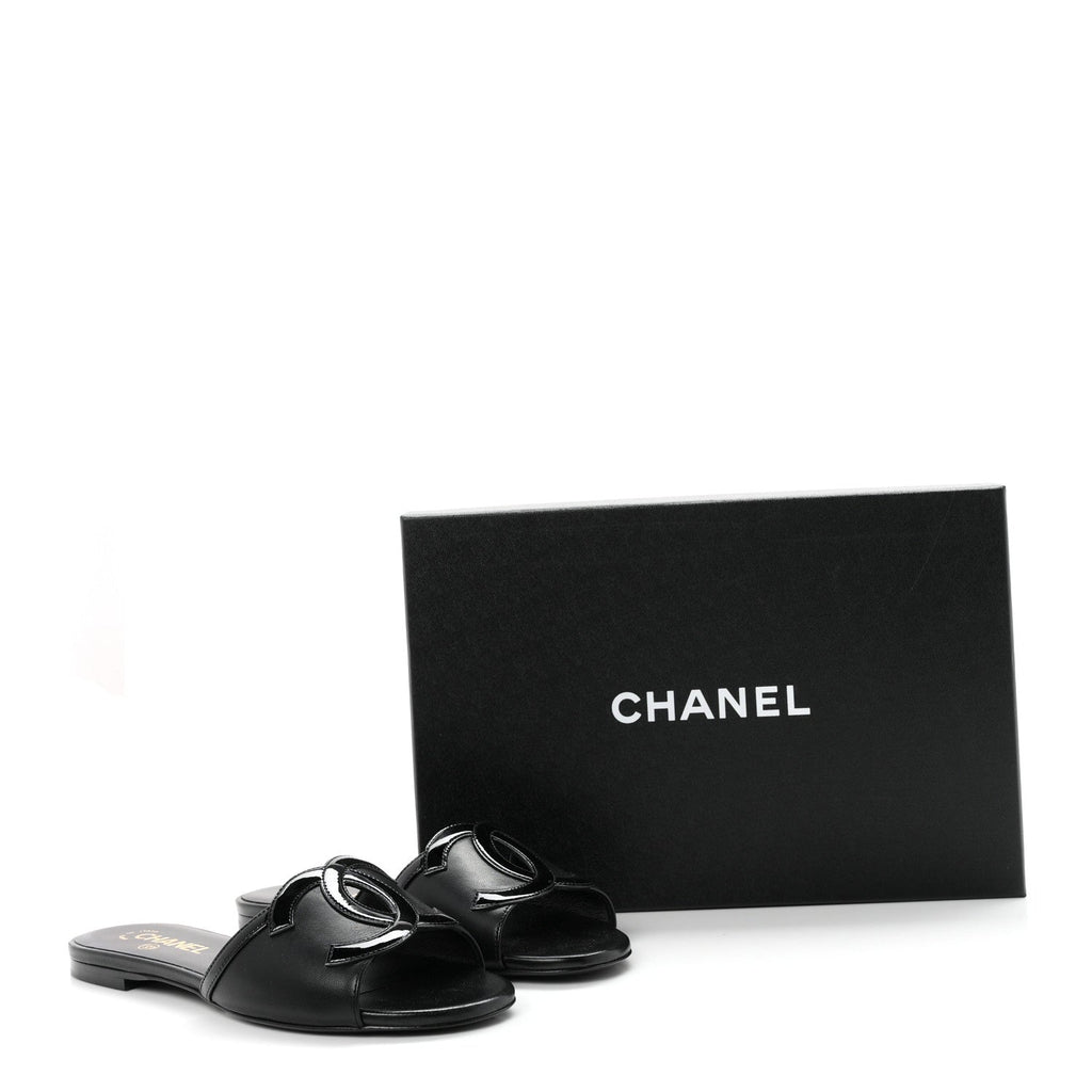 Lambskin Patent Calfskin CC Cutout Mules 37.5 Black