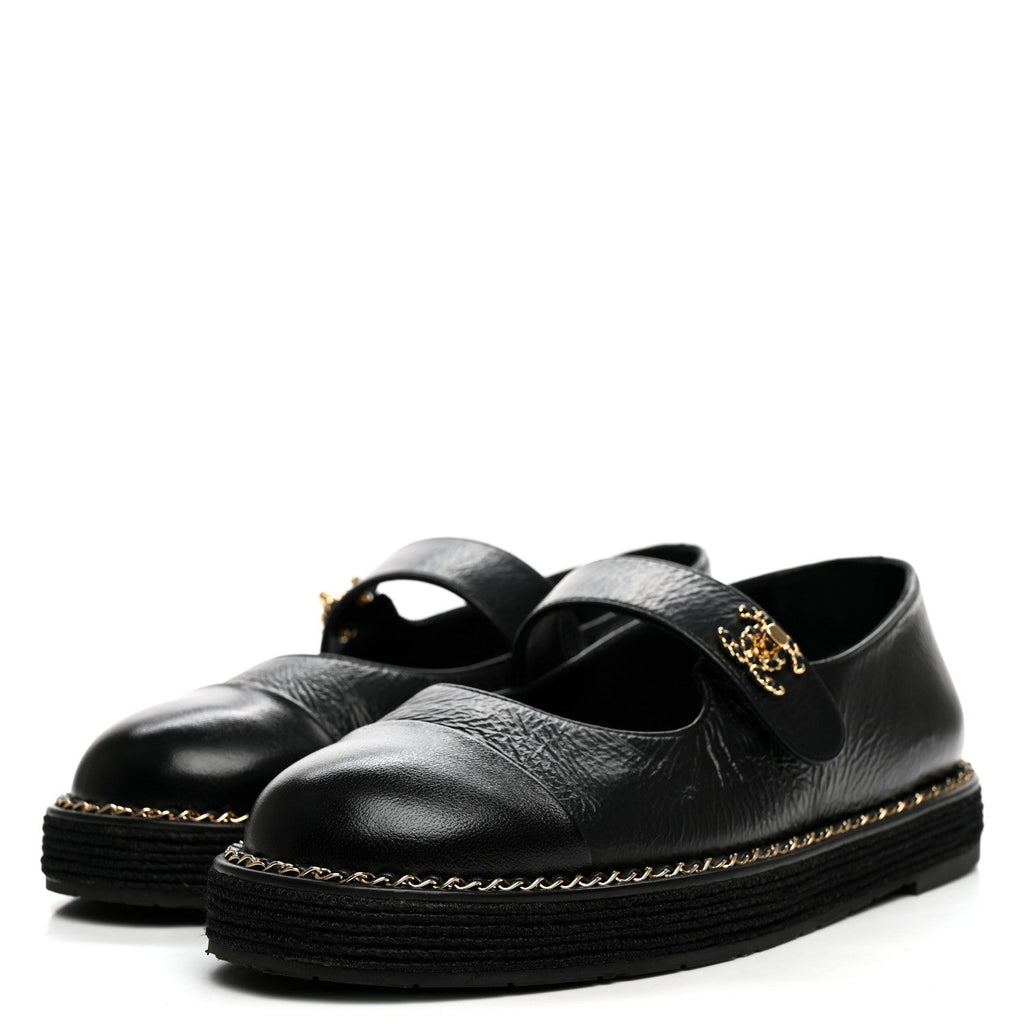 Crumpled Lambskin Cap Toe Chain CC Turnlock Mary Jane Flats 35 Black