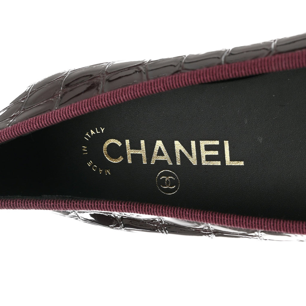 Patent Calfskin Crocodile Embossed Ballerina Flats 37.5 Dark Burgundy Black