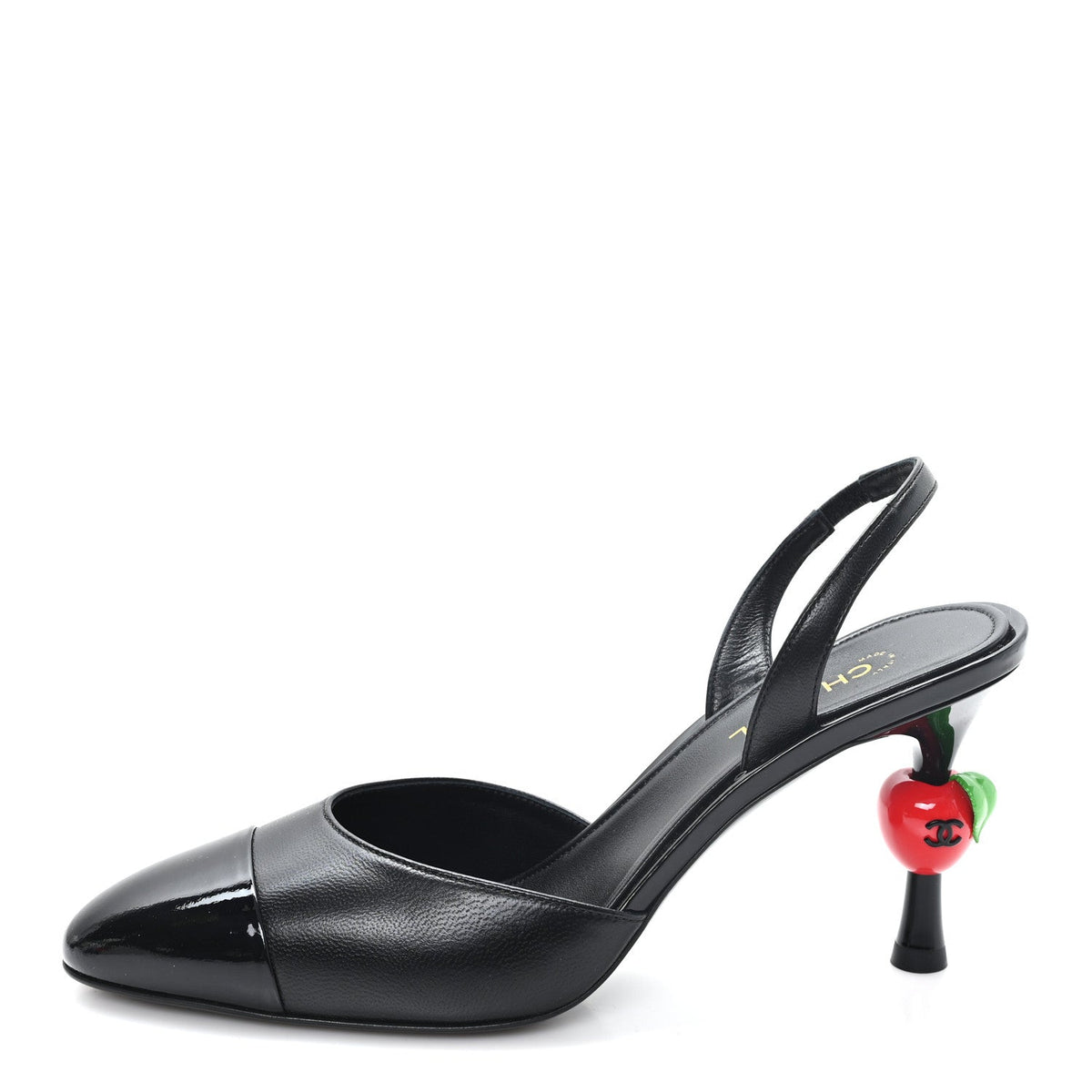 Lambskin Patent Cap Toe CC Apple Slingback Pumps 38.5 Black