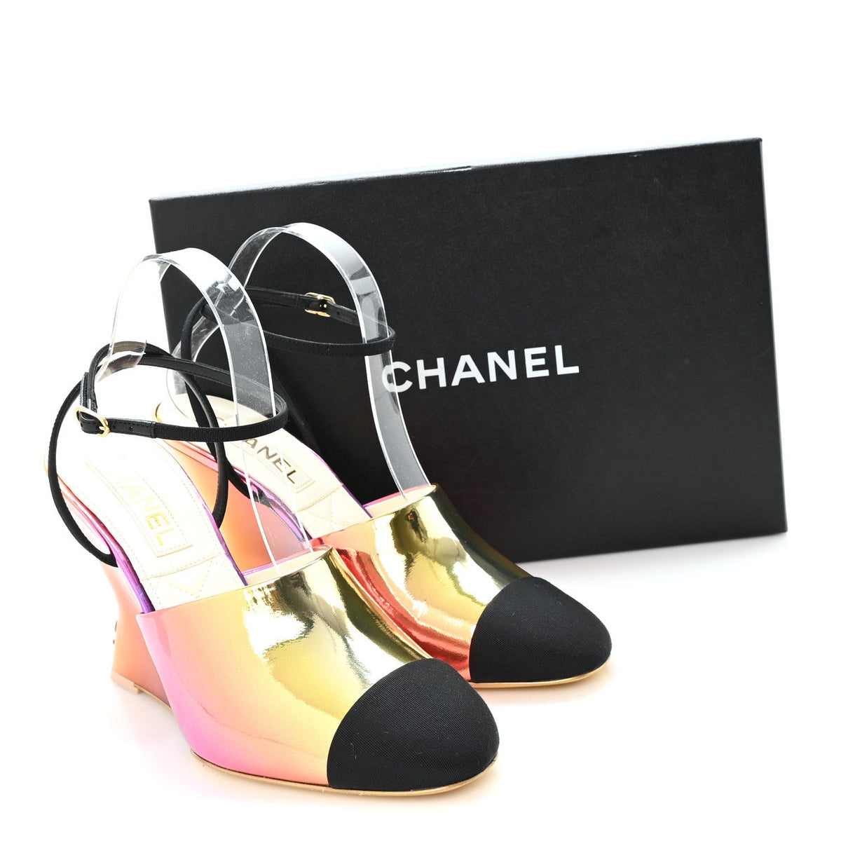 Laminated Calfskin Grosgrain Cap Toe CC Wedge Pumps 40 Pink Orange Yellow Black