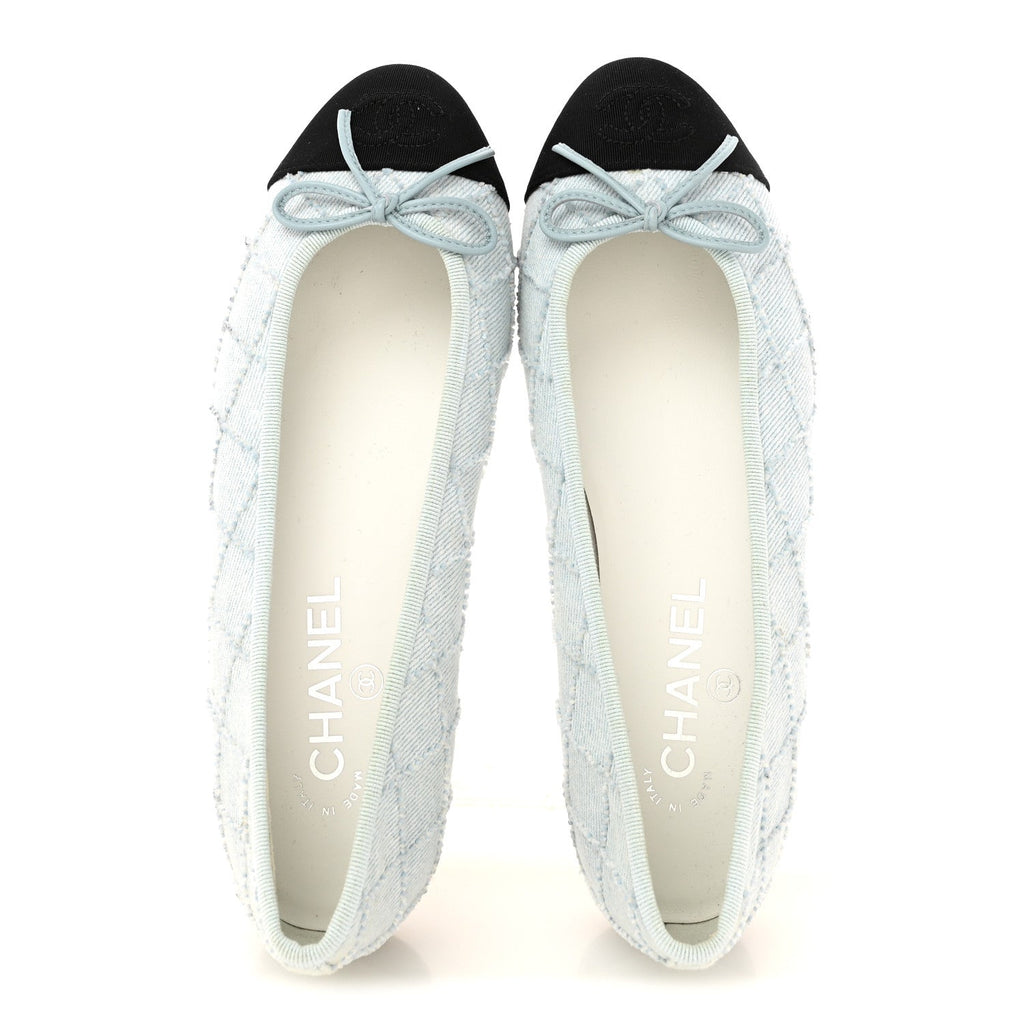 Denim Embroidered Grosgrain CC Cap Toe Ballerina Flats 37.5 Light Blue Black