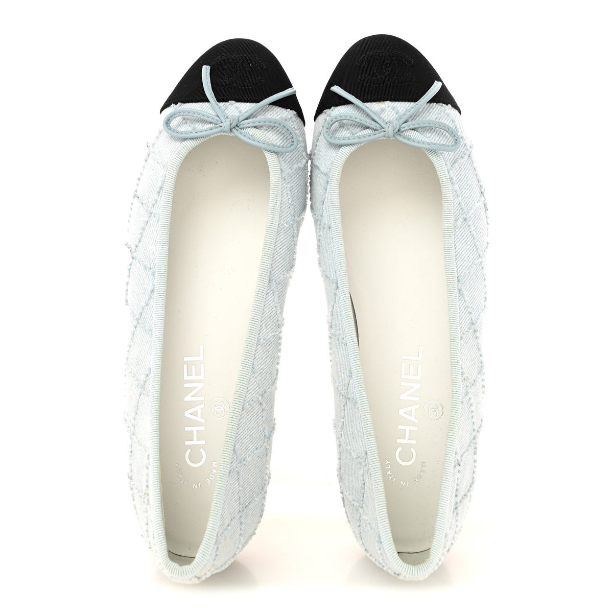 Denim Embroidered Grosgrain CC Cap Toe Ballerina Flats 37.5 Light Blue Black