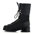 Fabric Patent Calfskin Lambskin Quilted CC Lace Up Combat Boots 36 Black