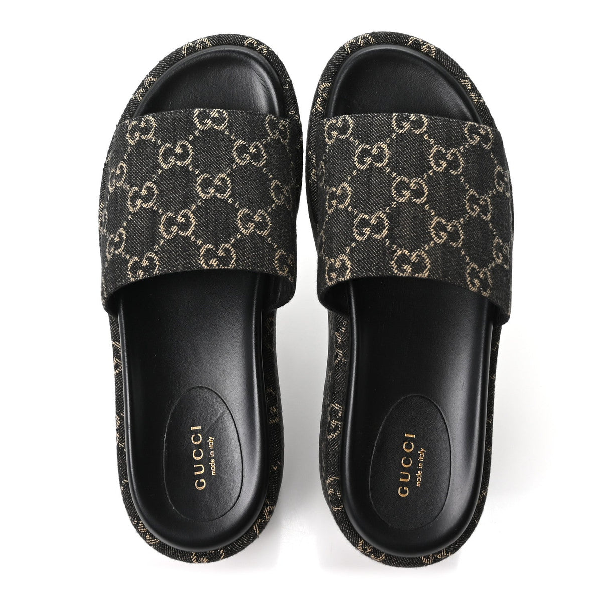 Jacquard Black Denim GG Monogram Angelina Platform 55mm Slide Sandals 39.5 Black Ivory