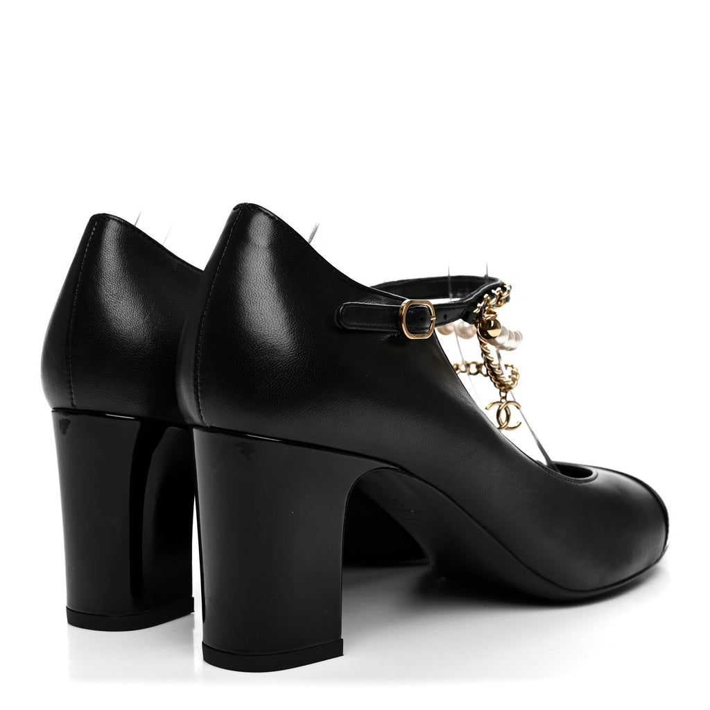 Shiny Lambskin Patent Calfskin Cap Toe Ankle Pearl Chain Pumps 39.5 Black