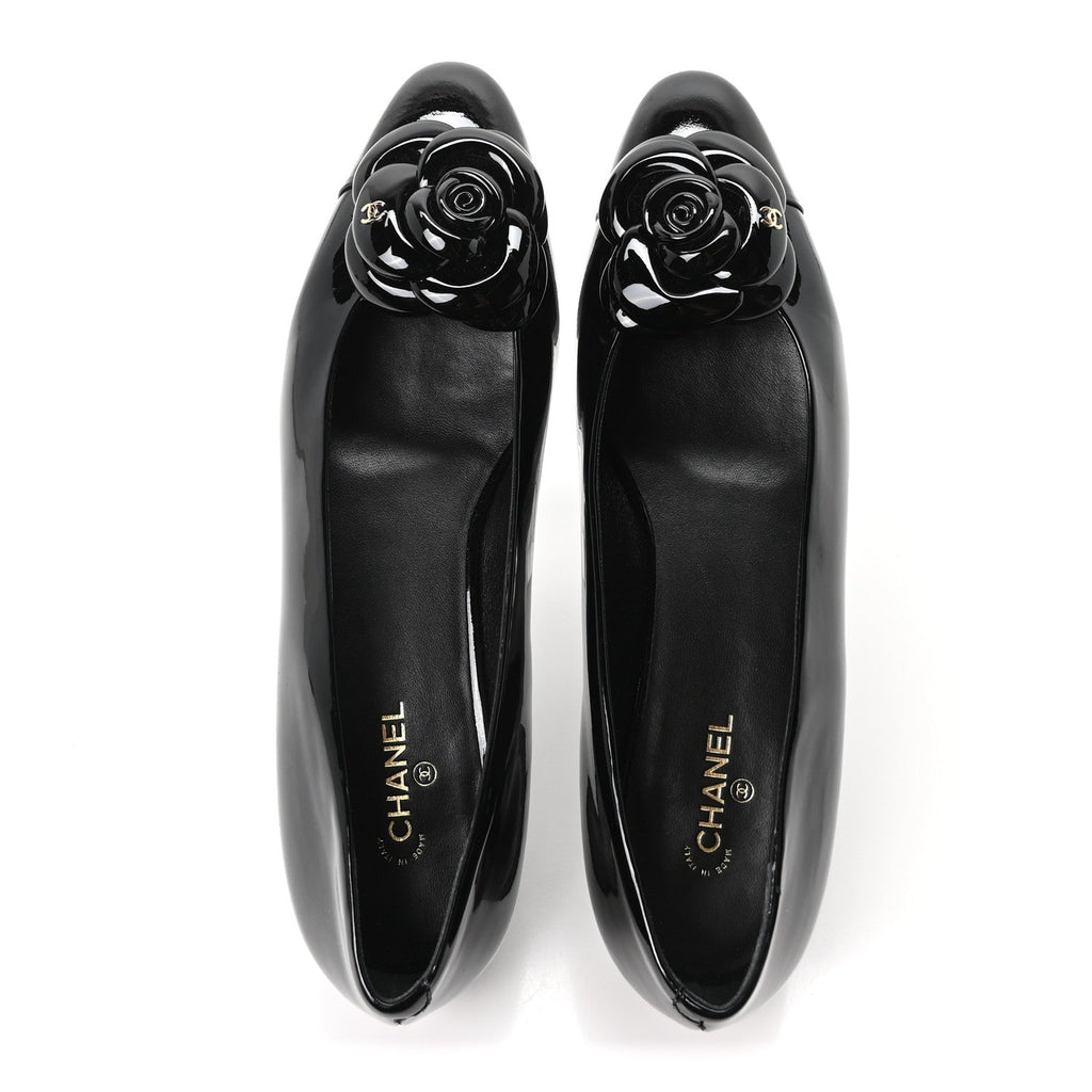 Patent Camellia Ballerina Flats  40 Black