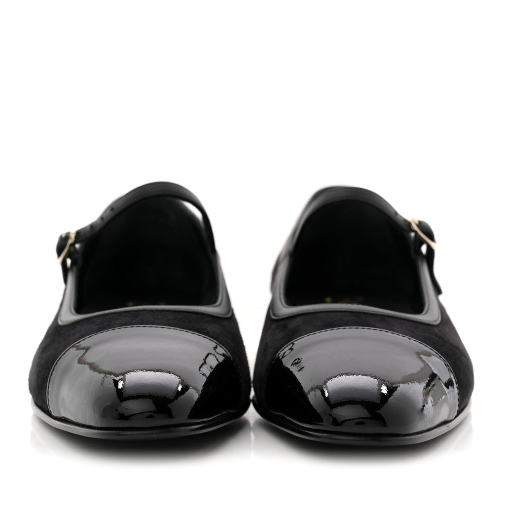 Suede Kidskin Lambskin Patent Calfskin Crystal CC Cap Toe Flats 40 Black